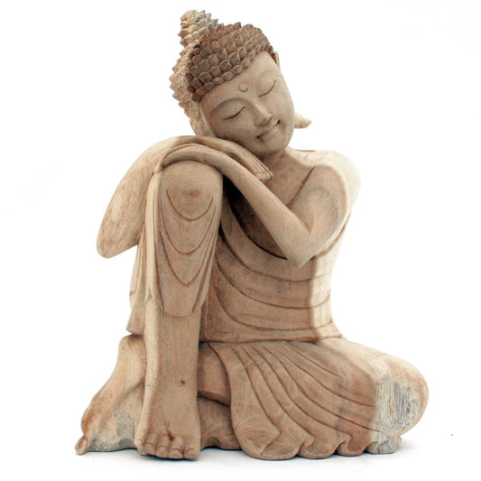 Hand Carved Wood Pondering Buddha